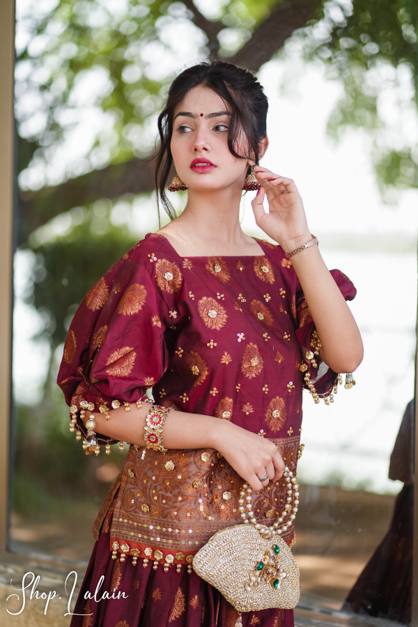 Marjan Maroon-Ready to Wear Branded Jacquard Suit for Women